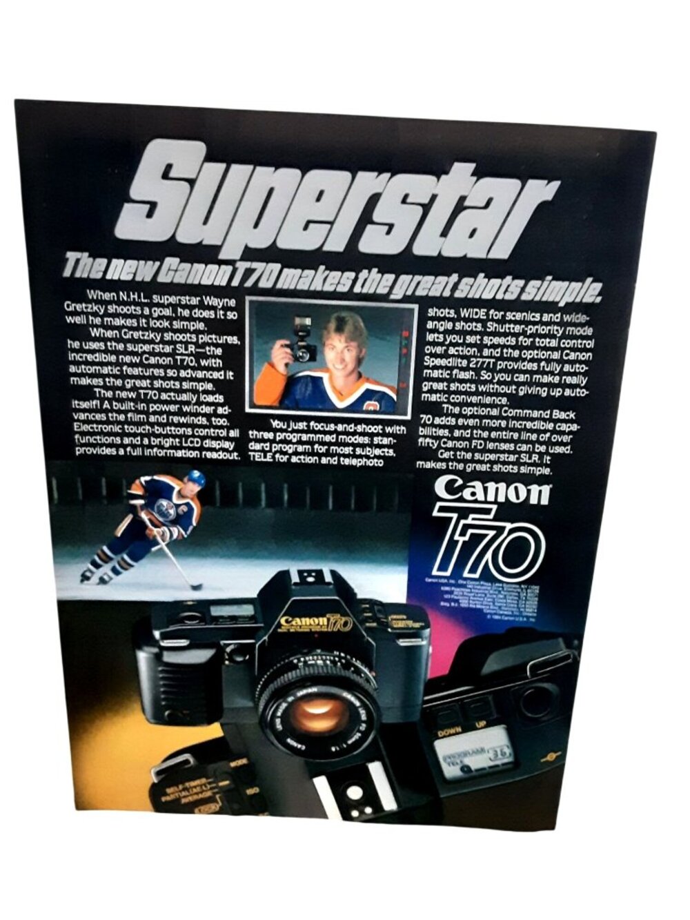 1984 Canon T70 Camera Ad Wayne Gretzky Hockey Superstar Vintage Print